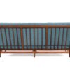 Teak 50s driezitsbank blauwe kussens