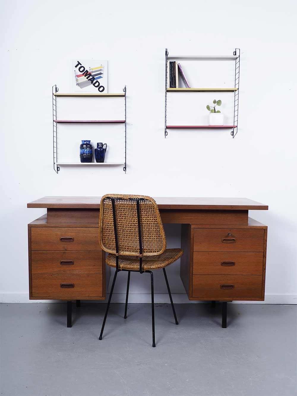 Teak desk with 6 drawers